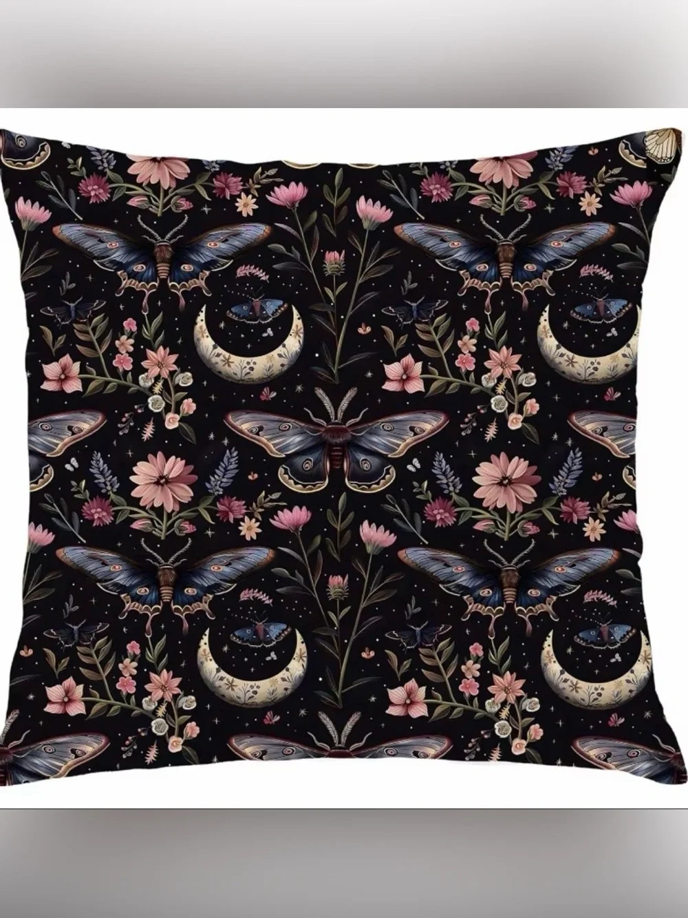 Dark Academia Gothic Moth Moon Floral Throw Pillow Cover 16x16 Celestial Dream